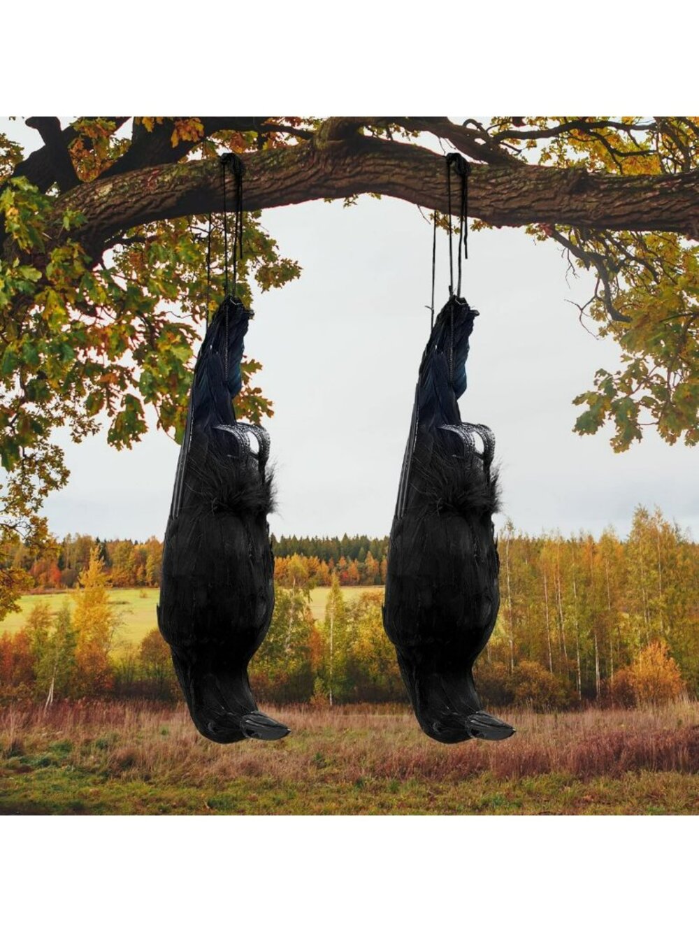 Realistic Hanging Dead Crows Decoy - 2 Pcs Life-Size Black Feathered Garden